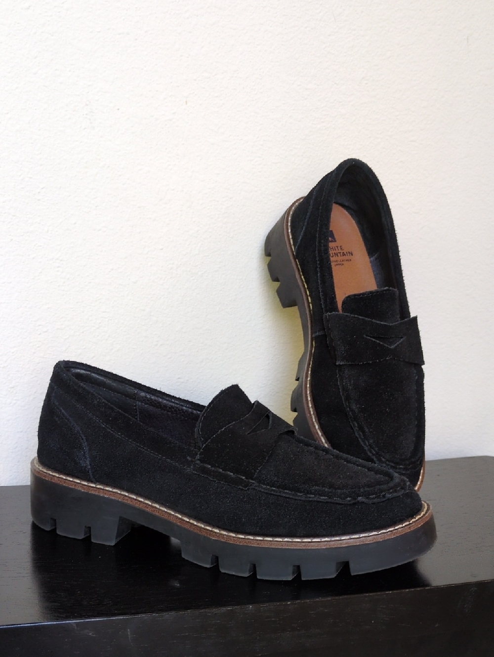 White Mountain Black Suede Lug-Sole Penny Loafers